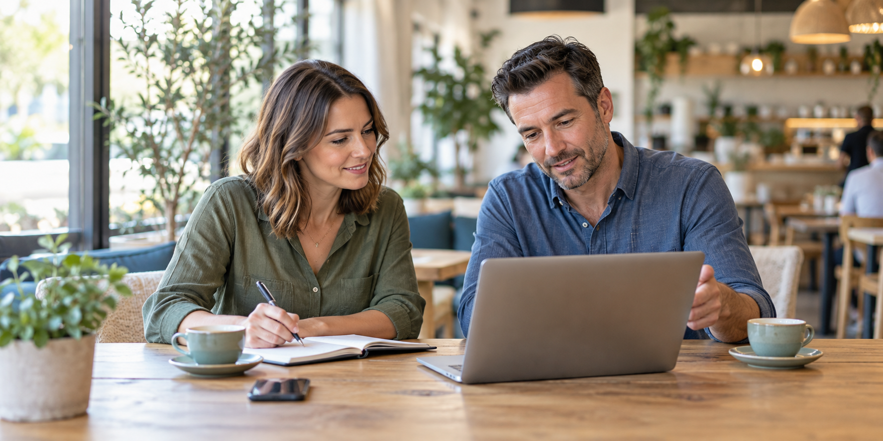 core-services-business-owners Two business owners reviewing their figures together